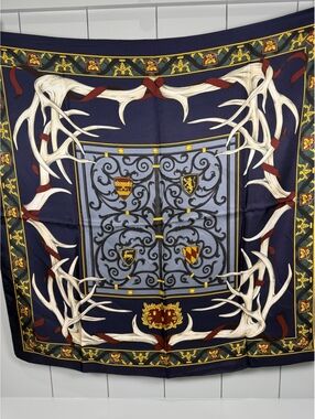 Vintage Wathne 100% Silk Scarf Japan Antlers Heraldic Crest Equestrian